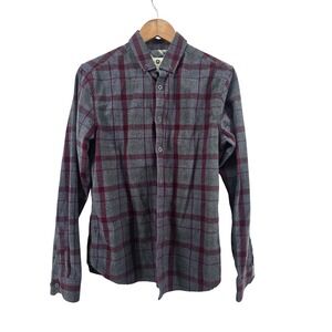Steel & Jelly Button Down Shirt Mens M Grey Burgundy Plaid British Long Sleeve